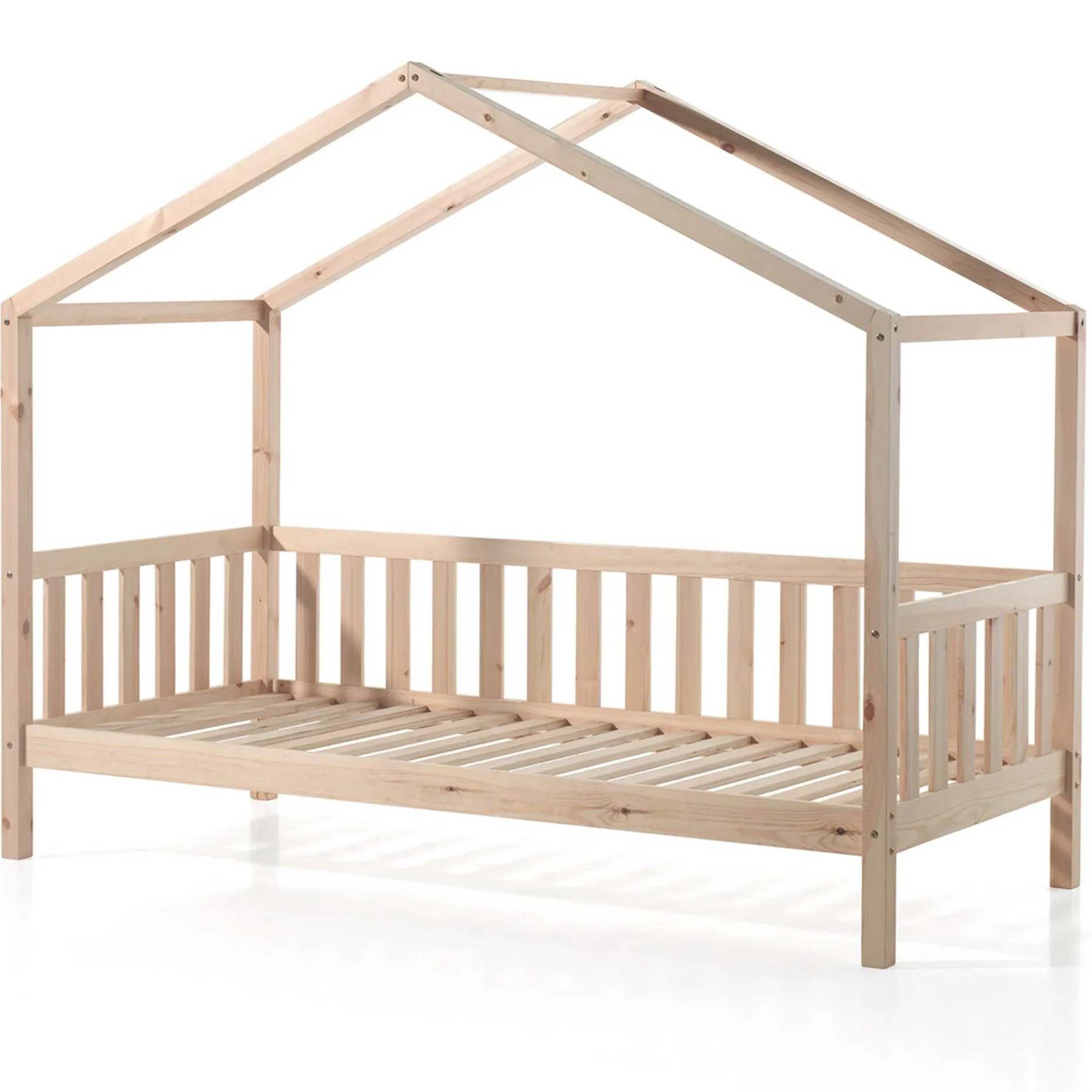 Hausbett Dallas 2 90x200 mit Bettkasten und Voile mit Schmetterlingsmuster - Kieferholz/rosa