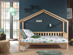 Hausbett Dallas 2 90x200 mit Bettkasten und Voile mit Schmetterlingsmuster - Kieferholz/rosa