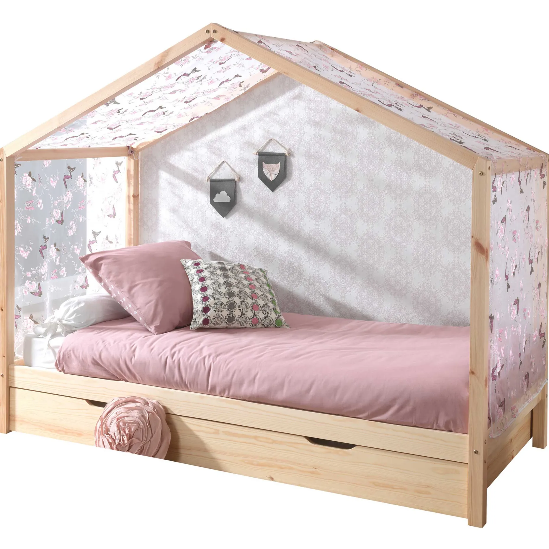Hausbett Dallas 3 90x200 mit Bettkasten und Voile mit Schmetterlingsmuster - kieferholz/rosa