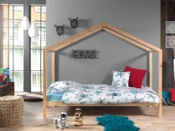 Hausbett Dallas 3 90x200 mit Bettkasten und Voile mit Schmetterlingsmuster - kieferholz/rosa