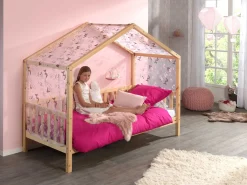 Hausbett Dallas 2 90x200 und Voile mit Schmetterlingsmuster - Kieferholz/rosa