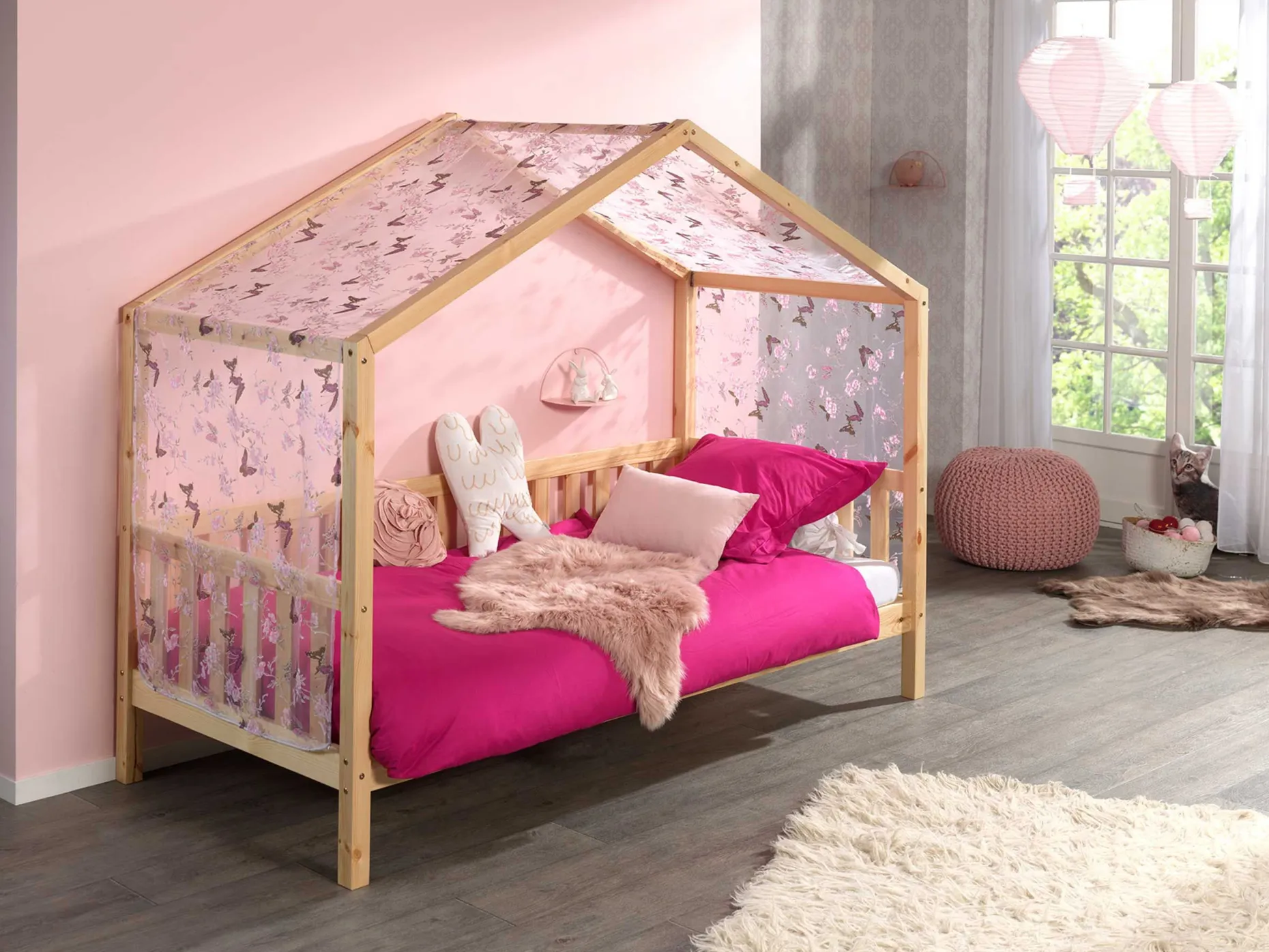 Hausbett Dallas 2 90x200 und Voile mit Schmetterlingsmuster - Kieferholz/rosa