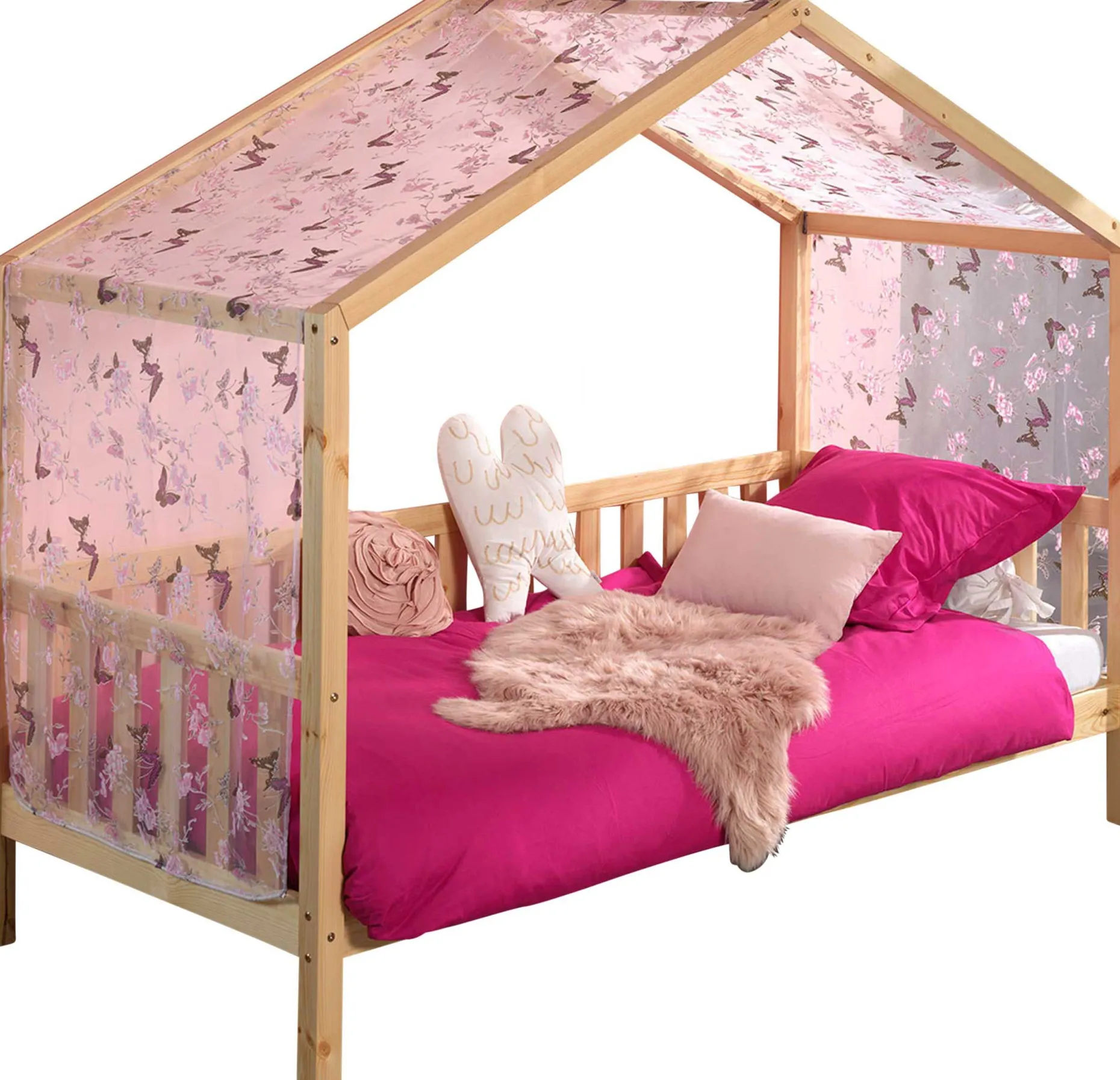 Hausbett Dallas 2 90x200 und Voile mit Schmetterlingsmuster - Kieferholz/rosa