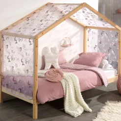 Hausbett Dallas 3 90x200 und Voile mit Schmetterlingsmuster - Kieferholz/rosa