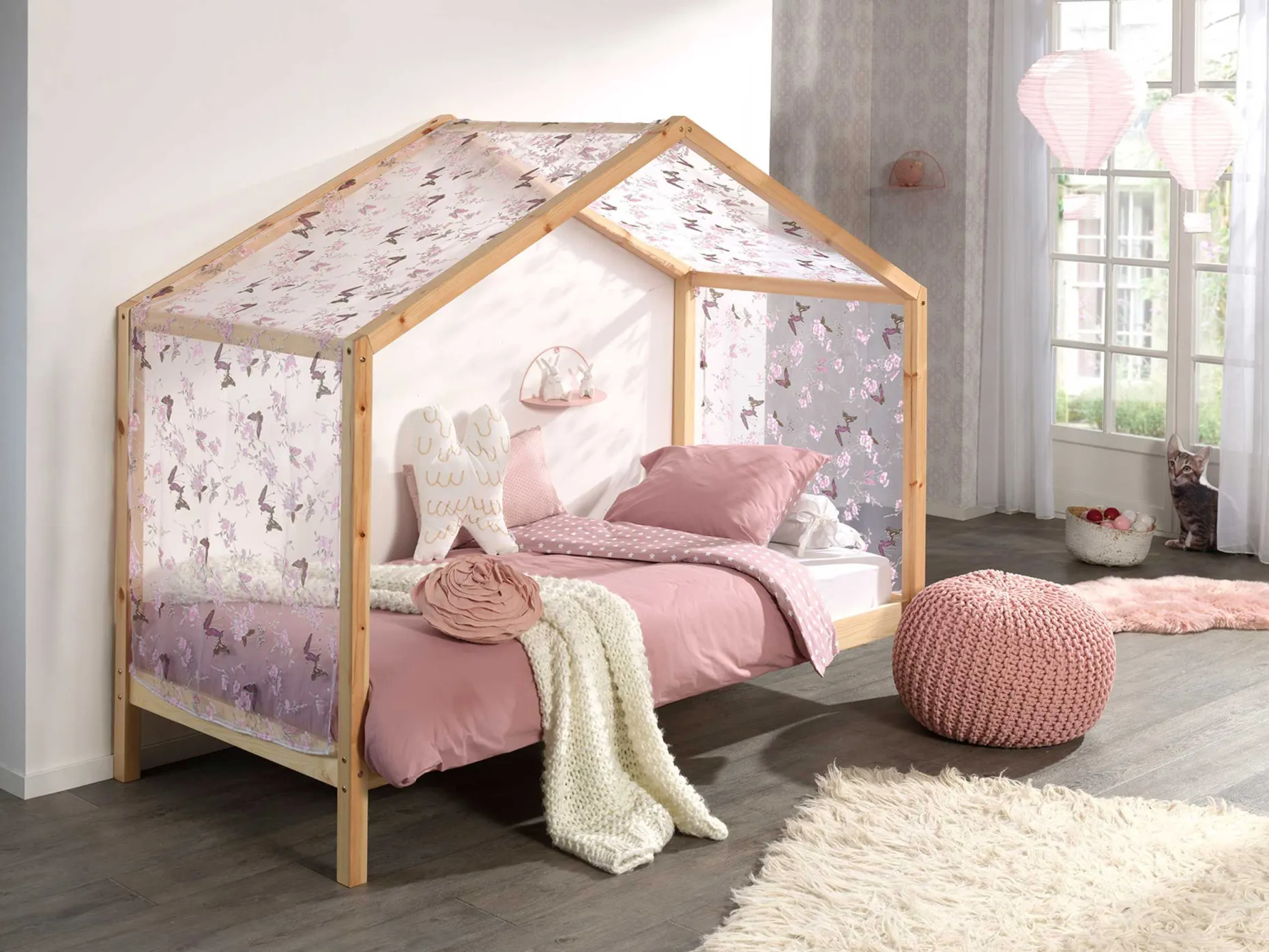 Hausbett Dallas 3 90x200 und Voile mit Schmetterlingsmuster - Kieferholz/rosa