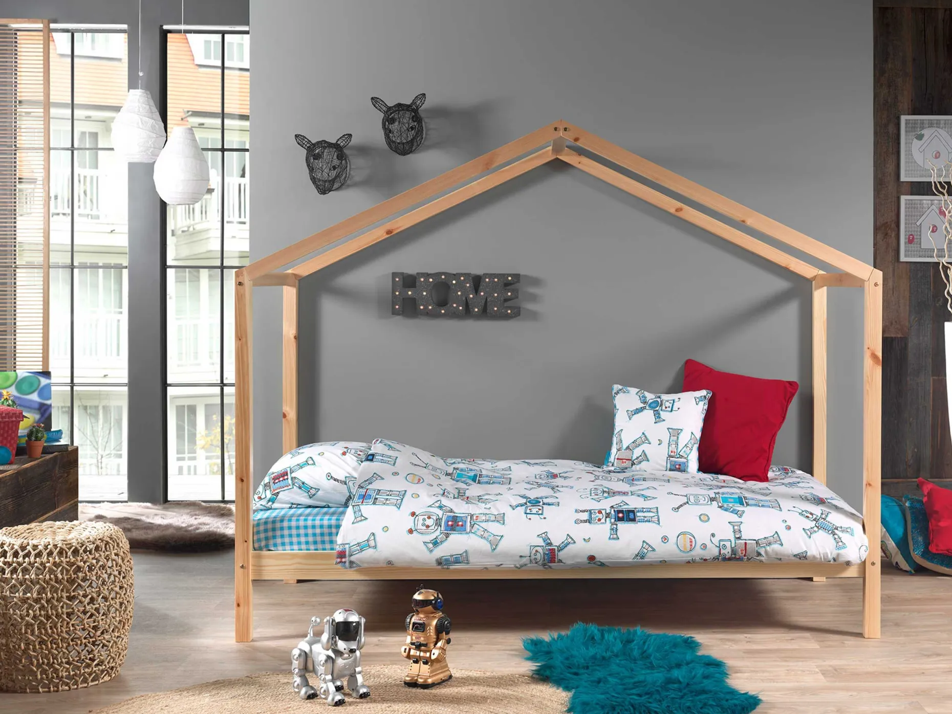Hausbett Dallas 3 90x200 und Voile mit Schmetterlingsmuster - Kieferholz/rosa