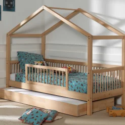 Hausbett Forrest 90x200cm mit Bettgitter und Bettkasten - Buche