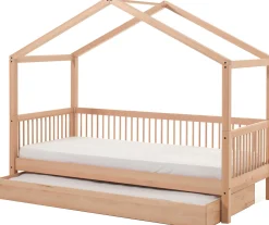Hausbett Forrest 90x200cm mit Bettgitter und Bettkasten - Buche