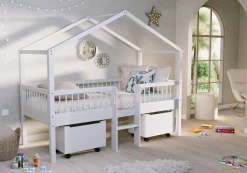 Hausbett Forrest - 90 x 200cm - mit Leiter und Staukästen - Buche - weiß