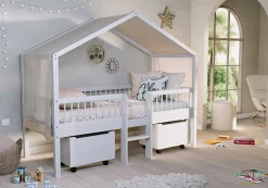 Hausbett Forrest - 90 x 200cm - mit Leiter, Aufbewahrungskästen und Schlafzelt - Buche - weiß