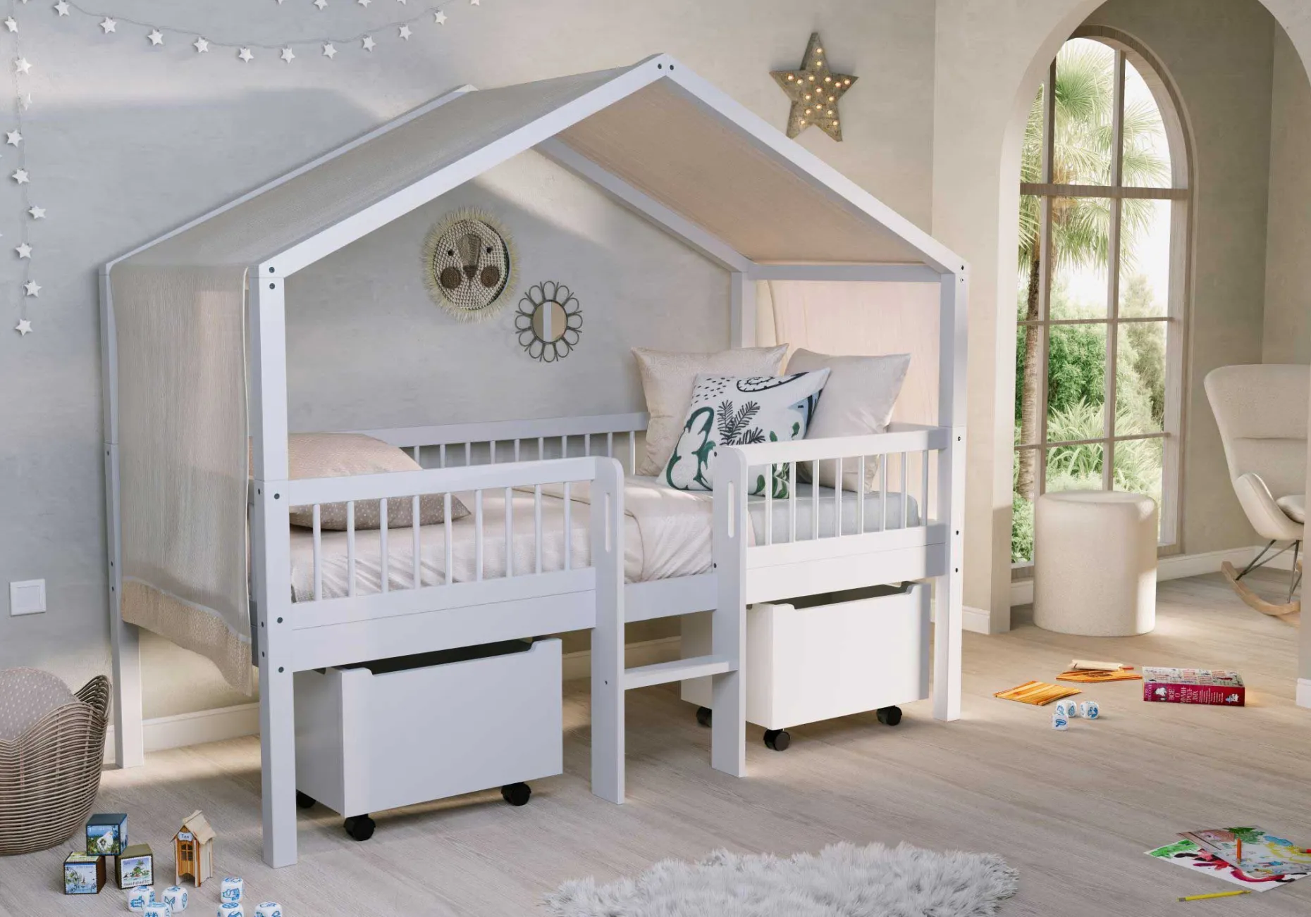 Hausbett Forrest - 90 x 200cm - mit Leiter, Aufbewahrungskästen und Schlafzelt - Buche - weiß