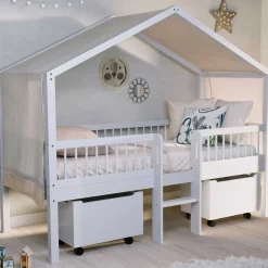 Hausbett Forrest - 90 x 200cm - mit Leiter, Aufbewahrungskästen und Schlafzelt - Buche - weiß