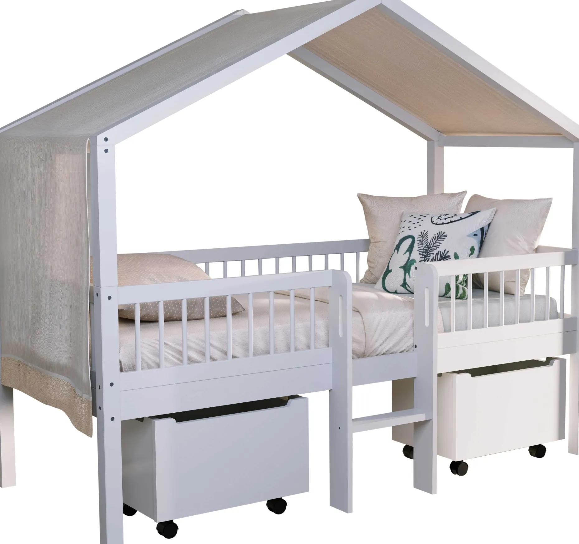 Hausbett Forrest - 90 x 200cm - mit Leiter, Aufbewahrungskästen und Schlafzelt - Buche - weiß