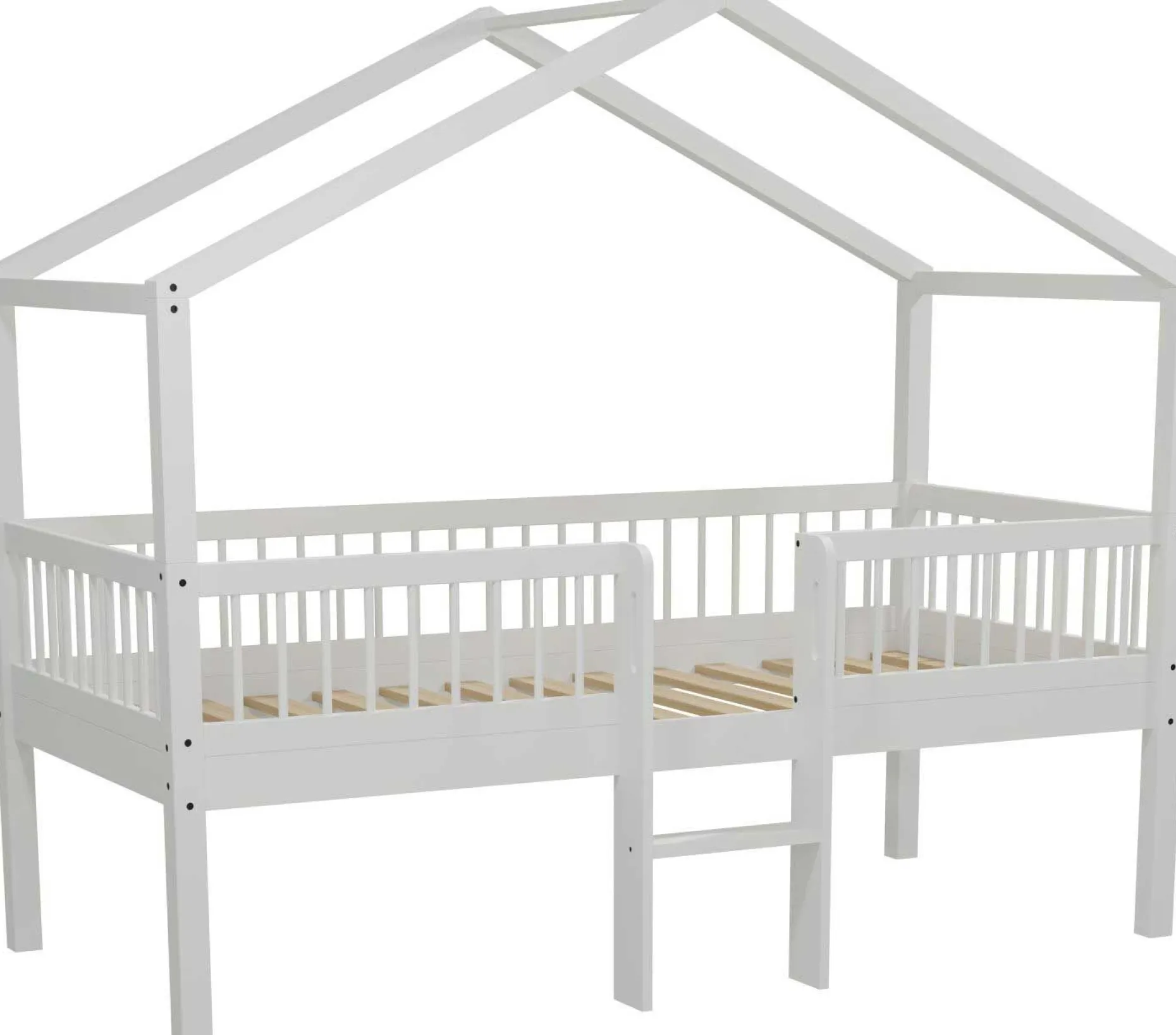 Hausbett Forrest - 90 x 200cm - mit Leiter, Aufbewahrungskästen und Schlafzelt - Buche - weiß