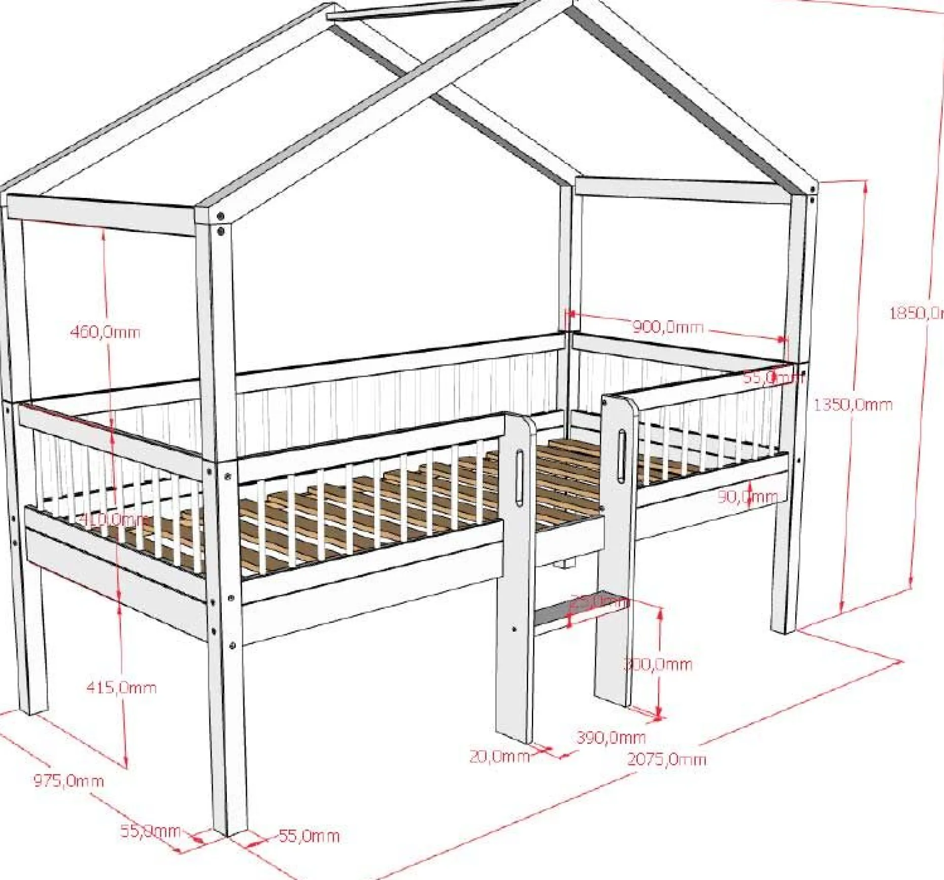 Hausbett Forrest - 90 x 200cm - mit Leiter - Buche massiv - weiß