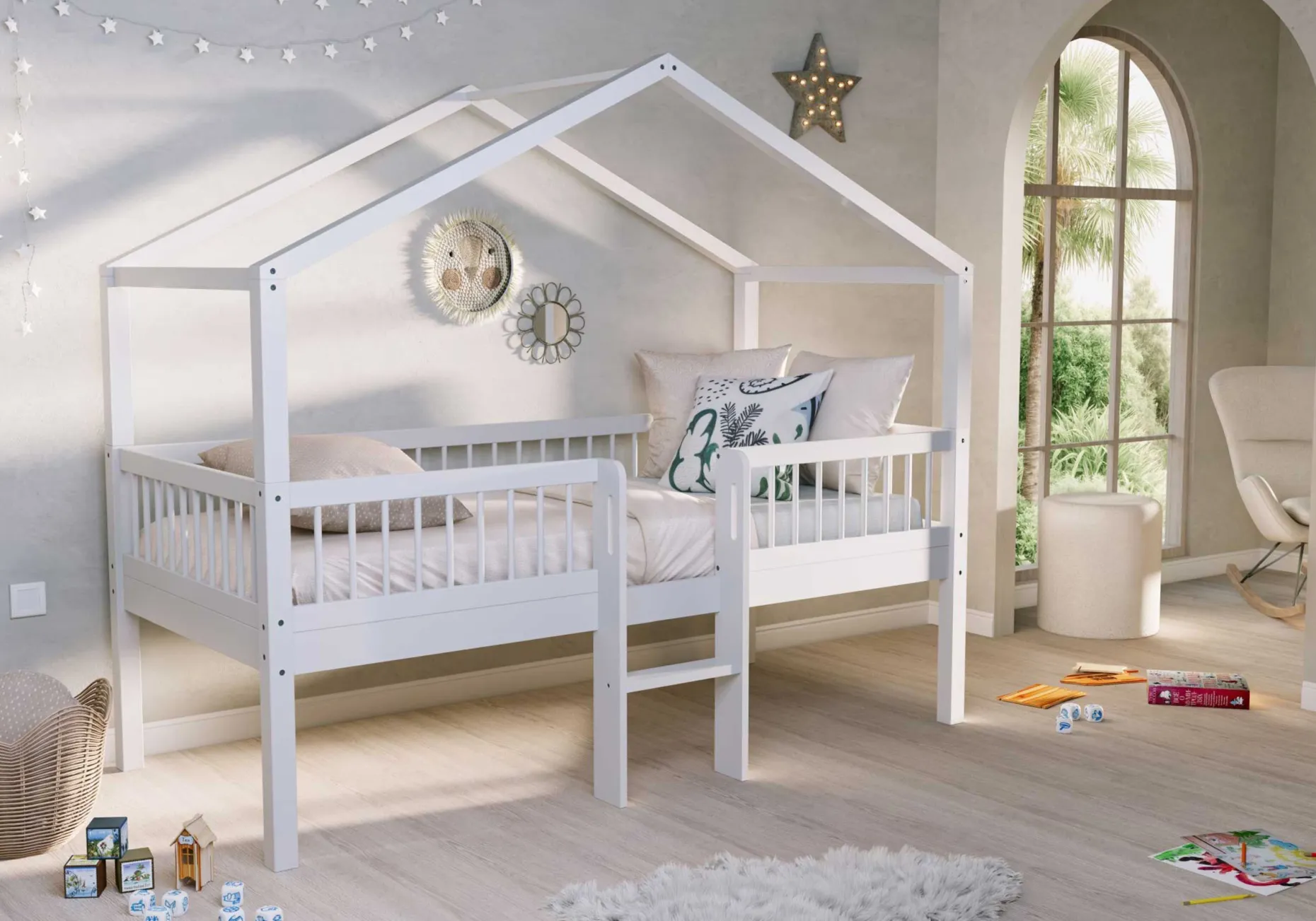 Hausbett Forrest - 90 x 200cm - mit Leiter - Buche massiv - weiß