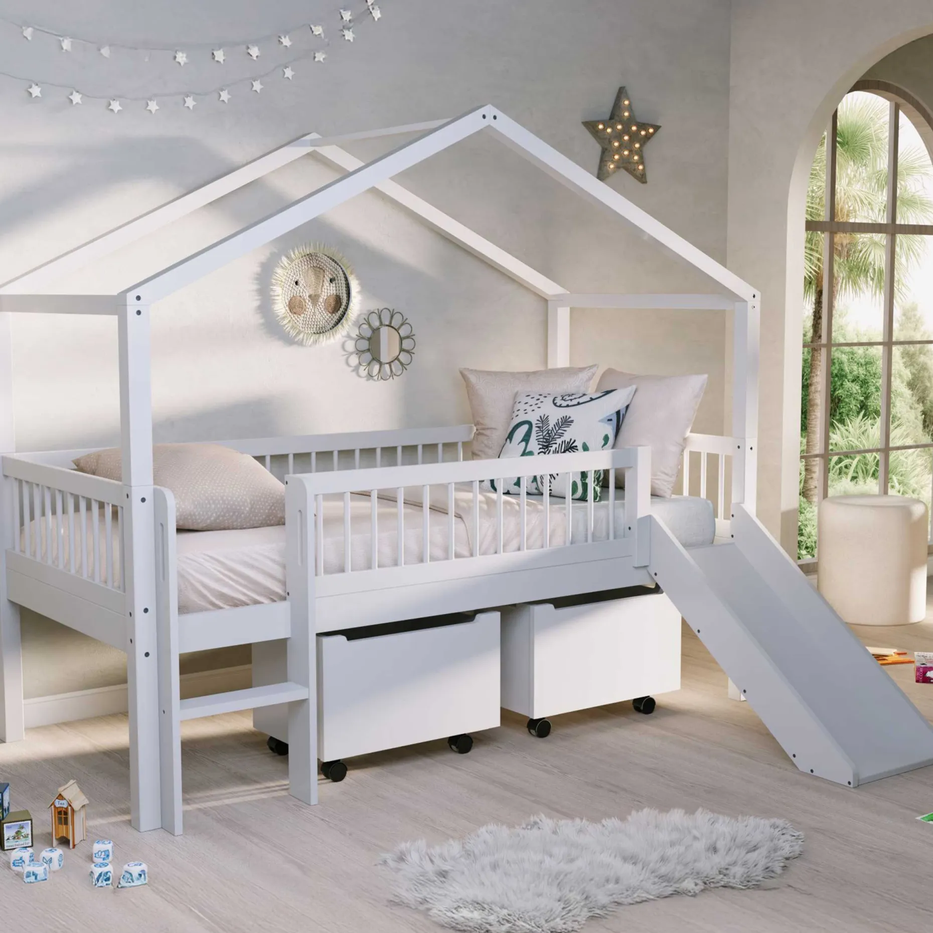 Hausbett Forrest - 90x200cm - mit Rutsche und Staukästen - Buche - weiß