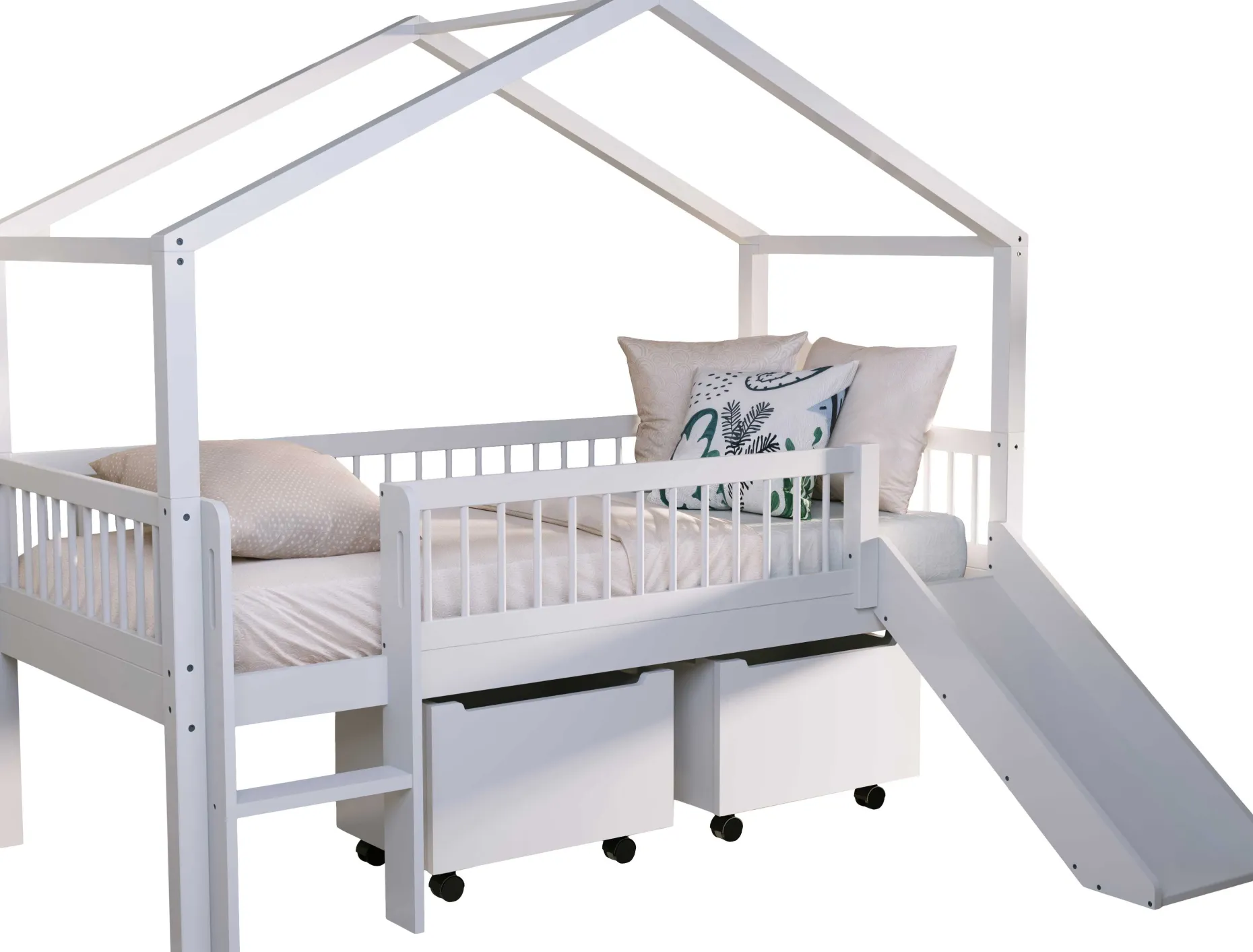 Hausbett Forrest - 90x200cm - mit Rutsche und Staukästen - Buche - weiß
