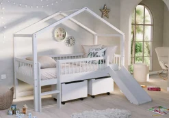 Hausbett Forrest - 90x200cm - mit Rutsche und Staukästen - Buche - weiß
