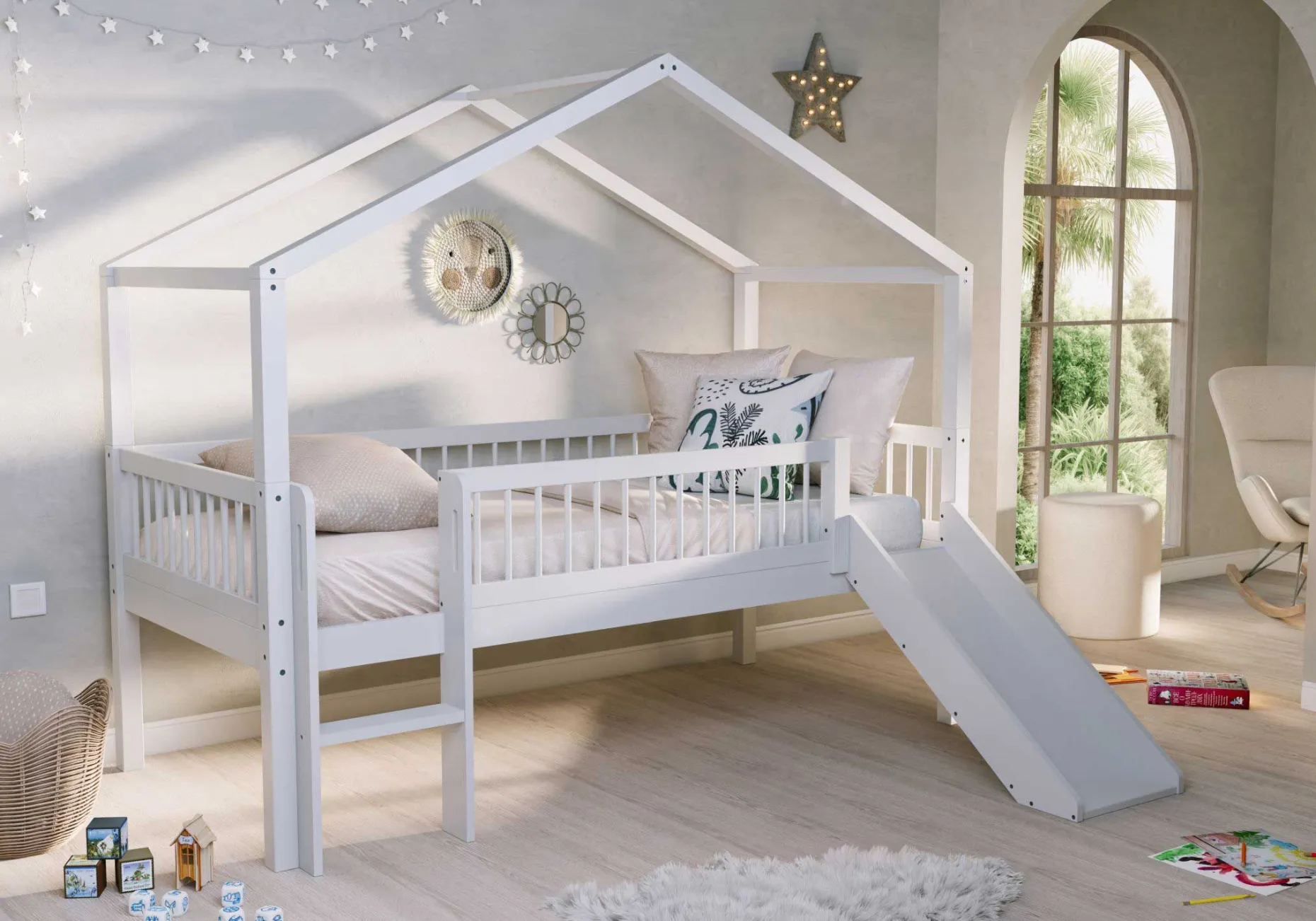 Hausbett Forrest - 90x200cm - mit Rutsche und Staukästen - Buche - weiß