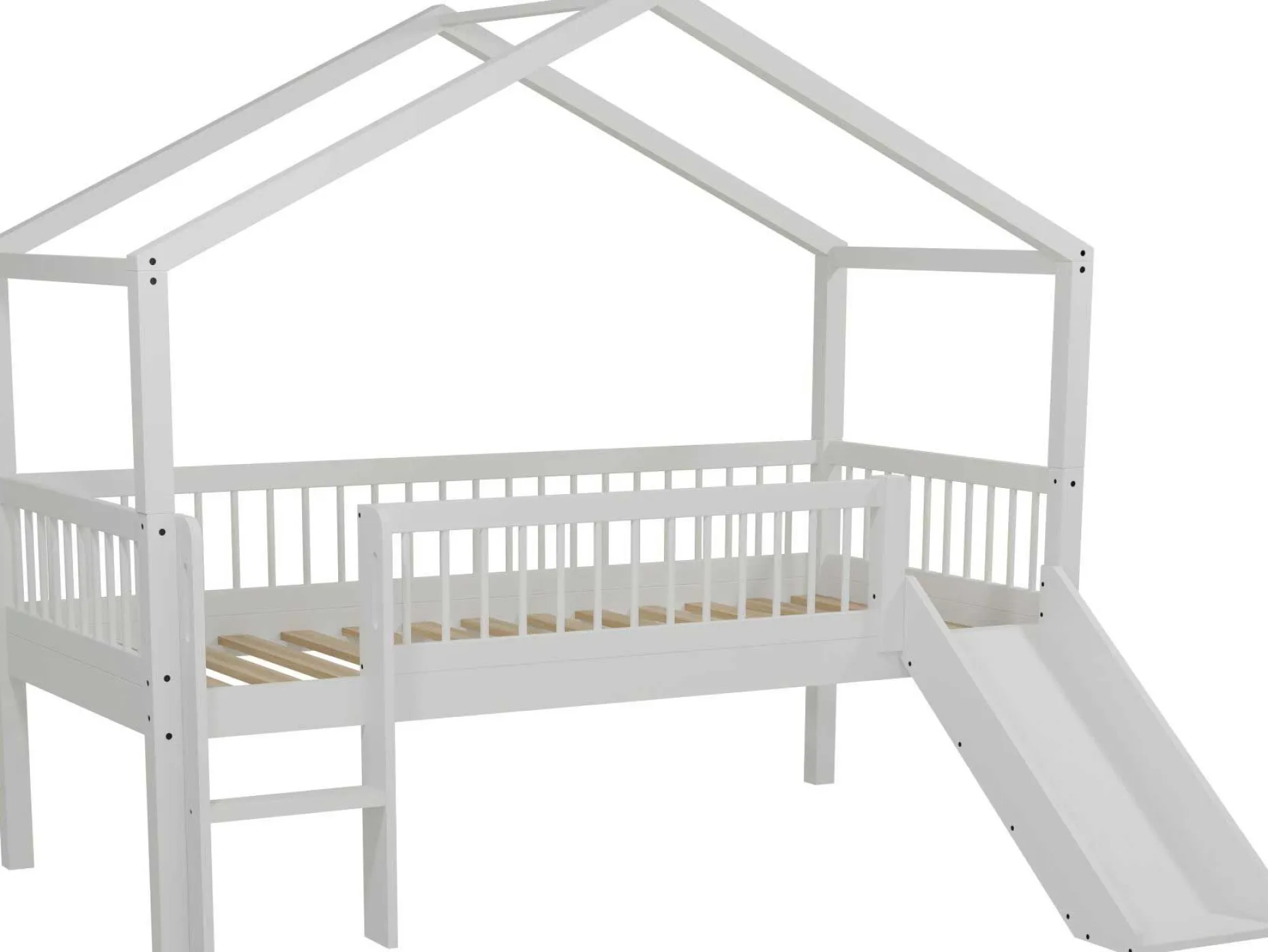 Hausbett Forrest - 90x200cm - mit Rutsche und Staukästen - Buche - weiß