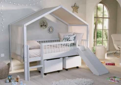 Hausbett Forrest - 90x200cm - mit Rutsche, Aufbewahrungskästen und Schlafzelt - Buche - weiß