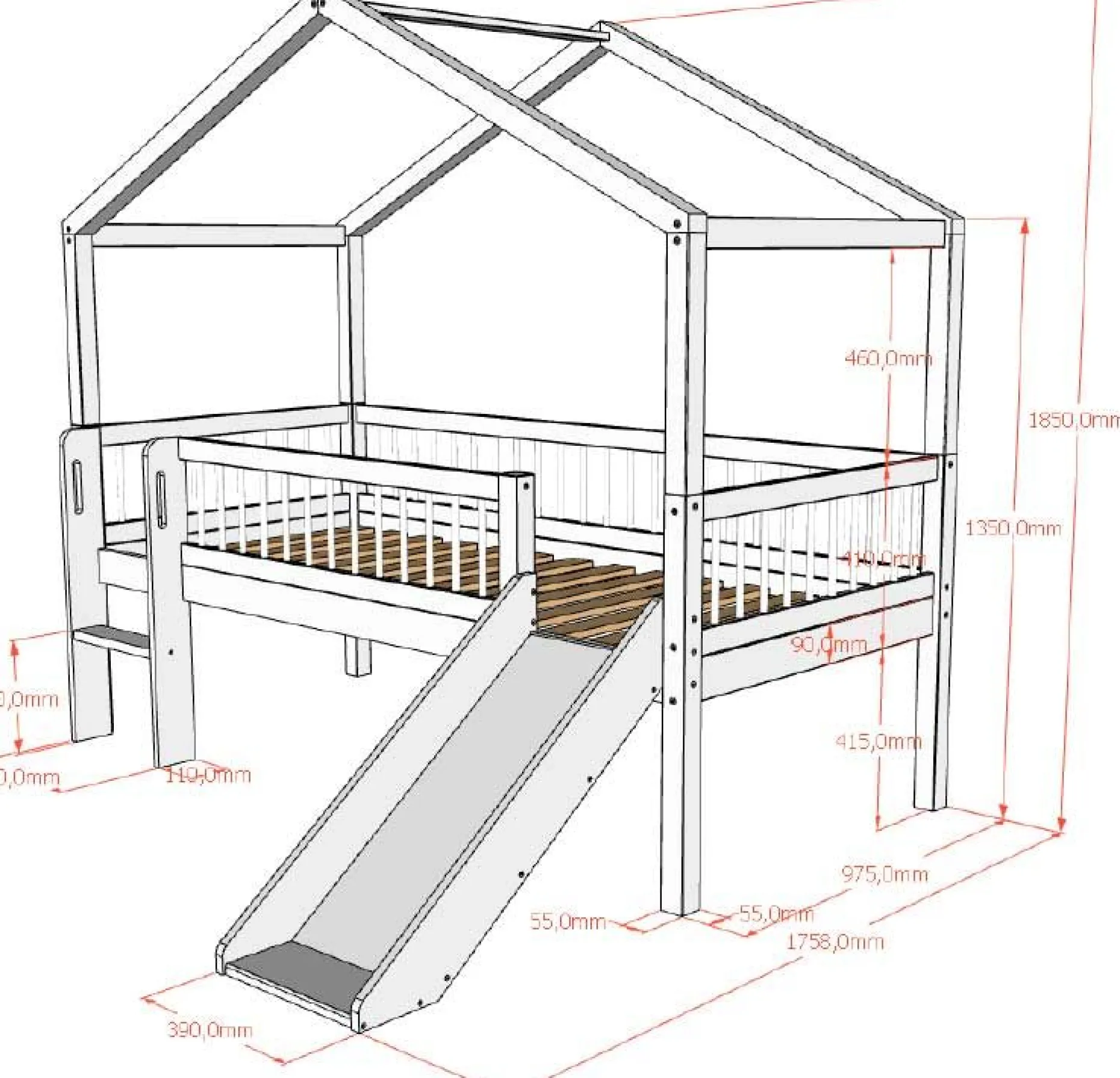 Hausbett Forrest - 90x200cm - mit Rutsche, Aufbewahrungskästen und Schlafzelt - Buche - weiß