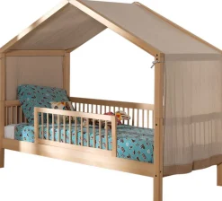 Hausbett Forrest 90x200 mit herunterklappbarem Schutzgitter und Bettzelt - Buche/Rosa