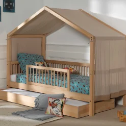Hausbett Forrest 90x200 mit Rollbett, herunterklappbarem Schutzgitter und Bettzelt - Buche/Rosa