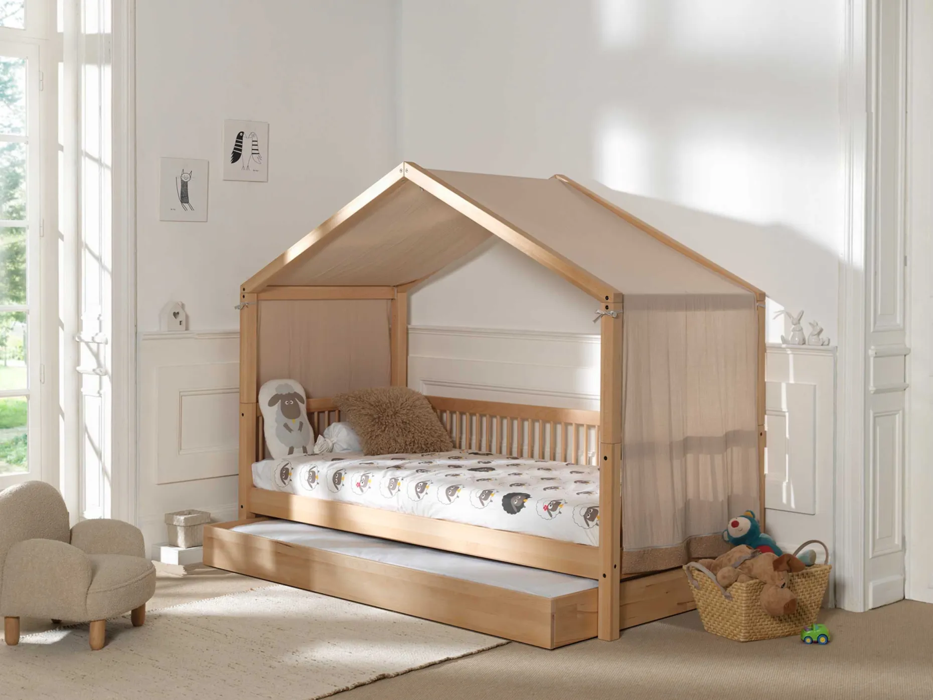 Hausbett Forrest 90x200 mit Rollbett und Schlafzelt - Buche/Rosa