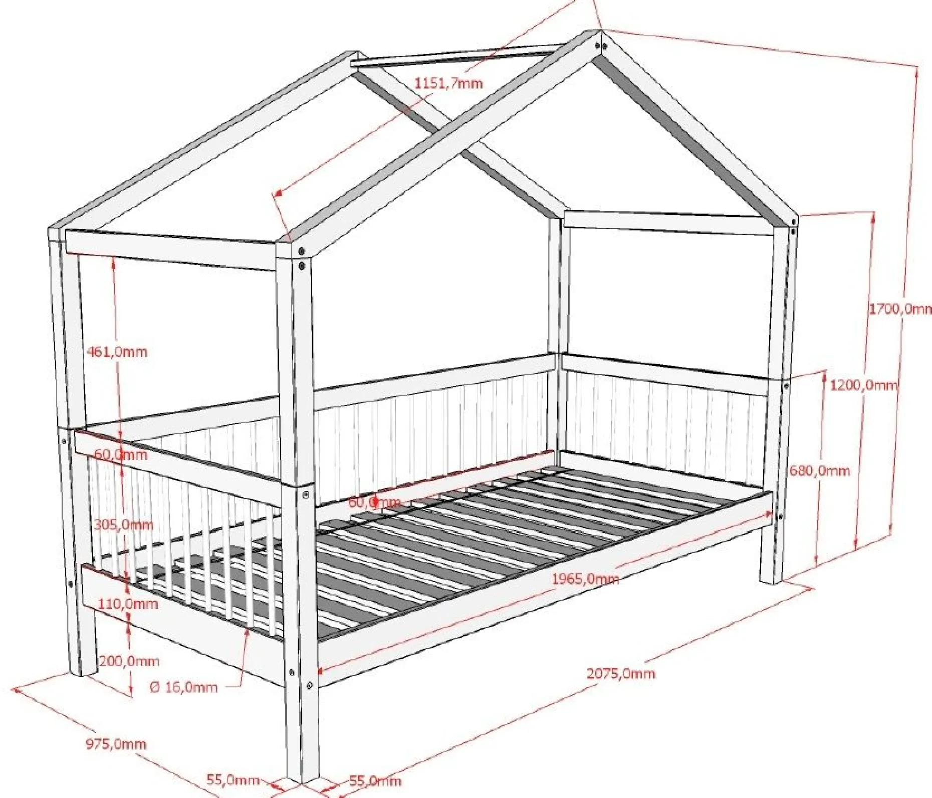 Hausbett Forrest 90x200 mit Rollbett und Schlafzelt - Buche/Rosa