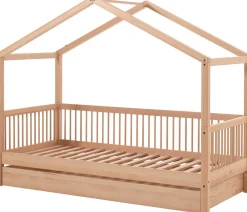 Hausbett Forrest 90x200 mit Rollbett und Schlafzelt - Buche/Rosa