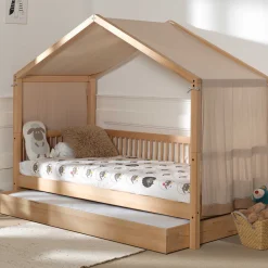 Hausbett Forrest 90x200 mit Rollbett und Schlafzelt - Buche/Rosa