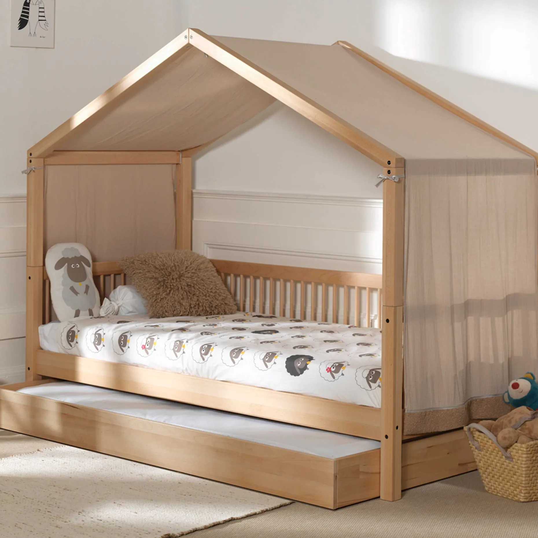 Hausbett Forrest 90x200 mit Rollbett und Schlafzelt - Buche/Rosa