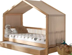 Hausbett Forrest 90x200 mit Rollbett und Schlafzelt - Buche/Rosa