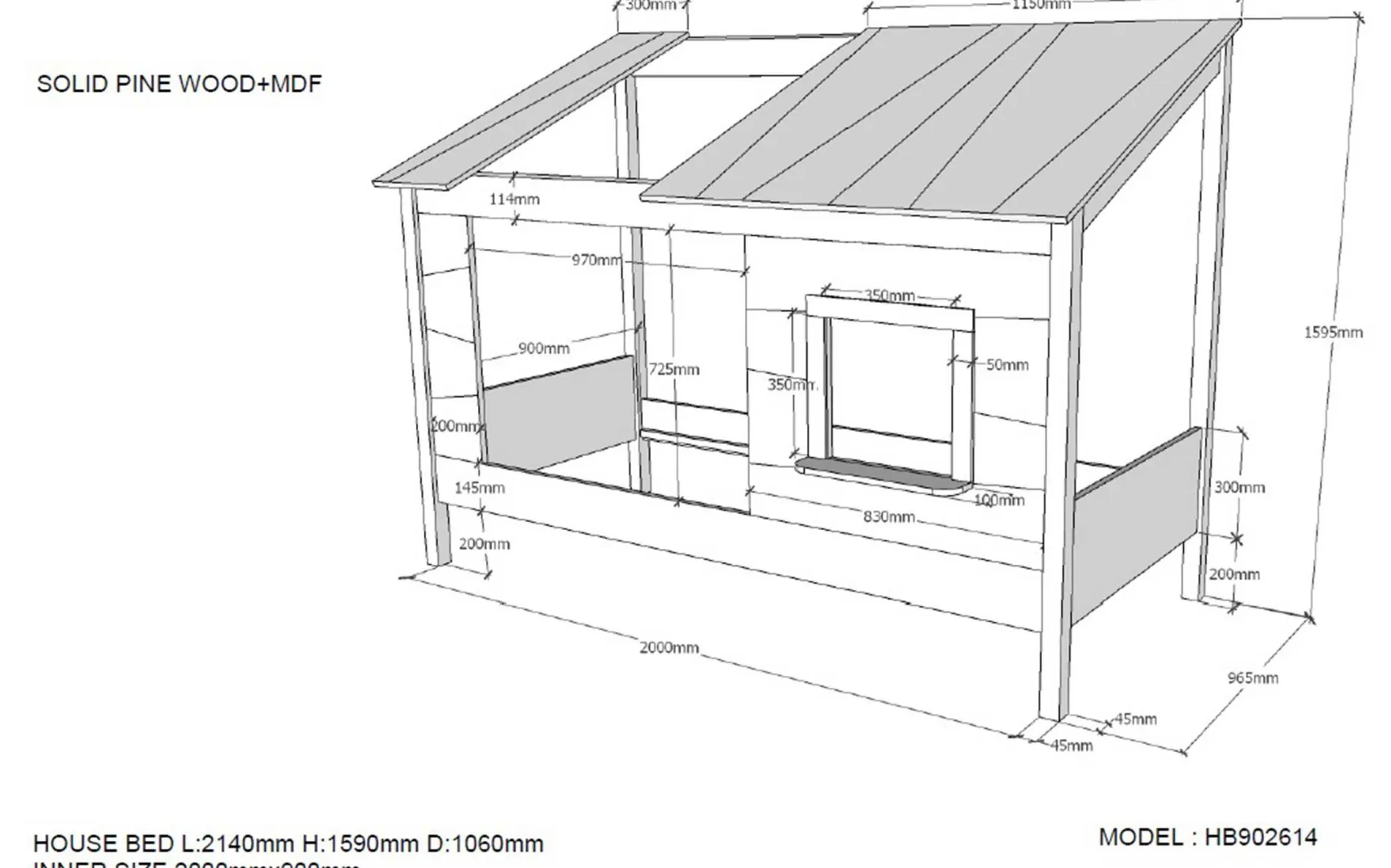 Hausbett Lio 90x200 mit Bettkasten und Vorhängen - weiß