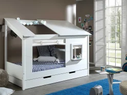 Hausbett Lio 90x200 mit Bettkasten und Vorhängen - weiß