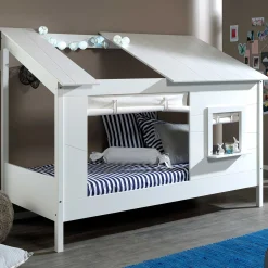 Hausbett Lio 90x200 mit Bettkasten und Vorhängen - weiß