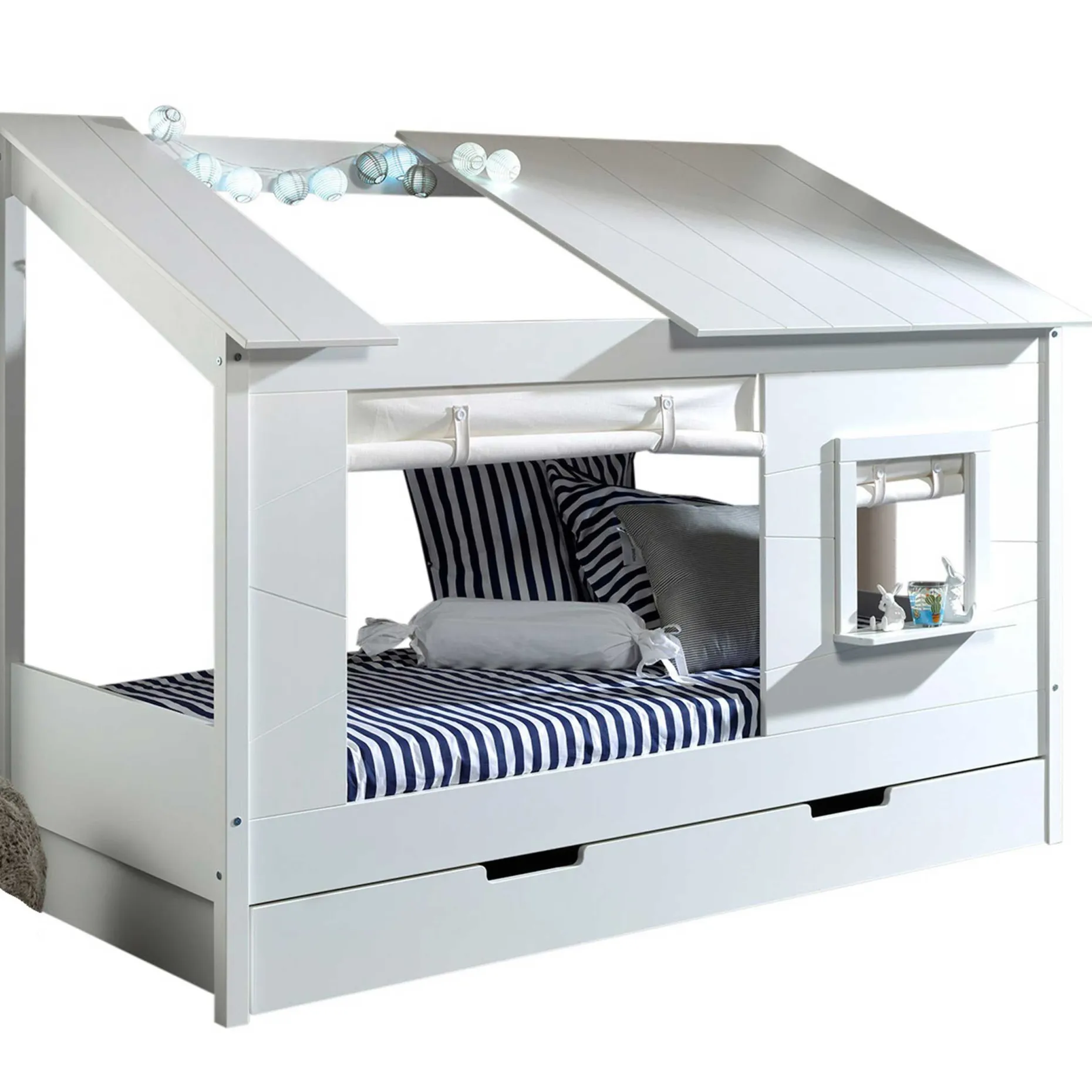 Hausbett Lio 90x200 mit Bettkasten und Vorhängen - weiß