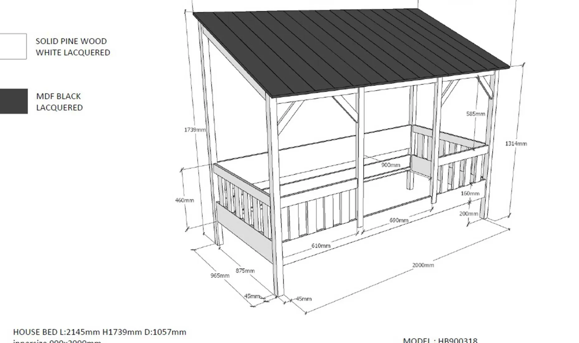 Hausbett Malia 90x200 mit Bettkasten - schwarzes Dach