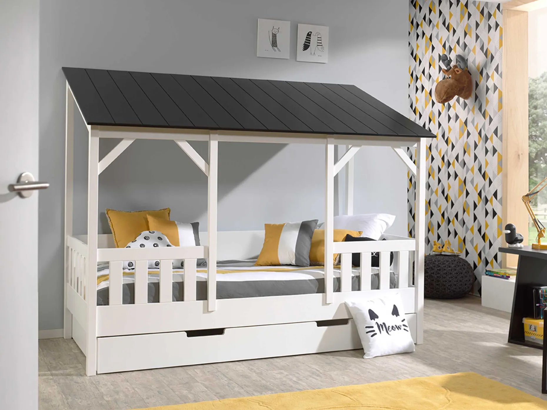 Hausbett Malia 90x200 mit Bettkasten - schwarzes Dach