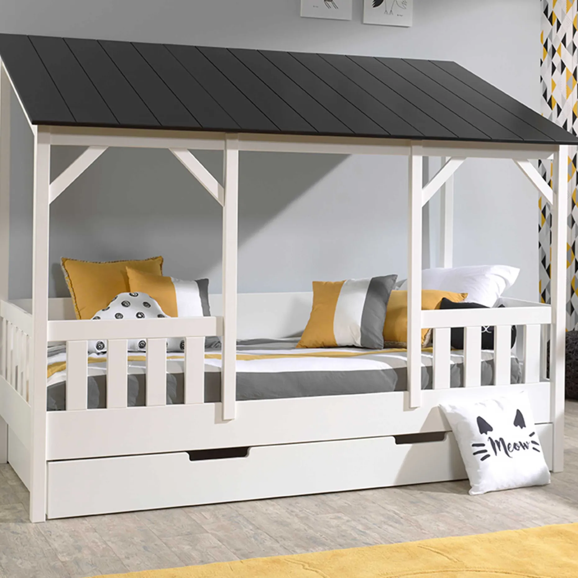 Hausbett Malia 90x200 mit Bettkasten - schwarzes Dach