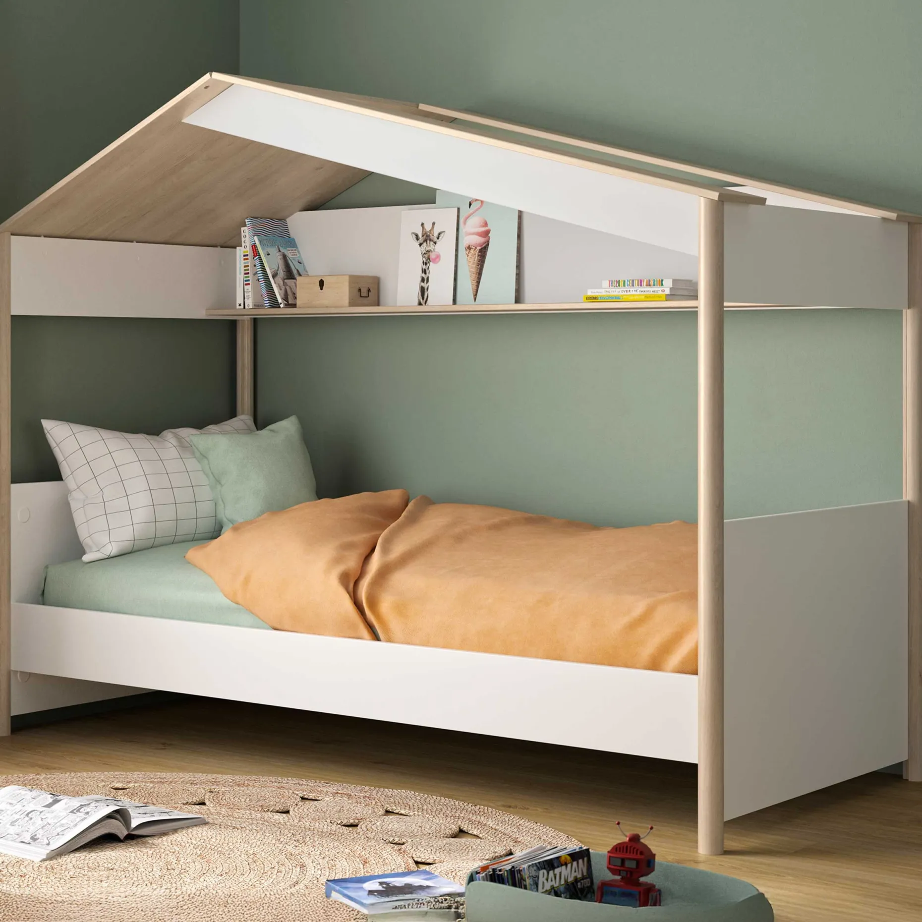 Hausbett Matis - 90x200cm - weiß/kastanien Dekor