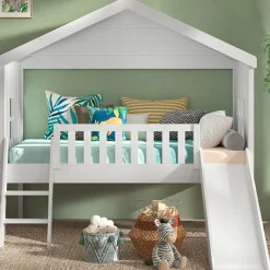 Hausbett Senna mit Leiter und Rutsche 90x200 cm - weiß
