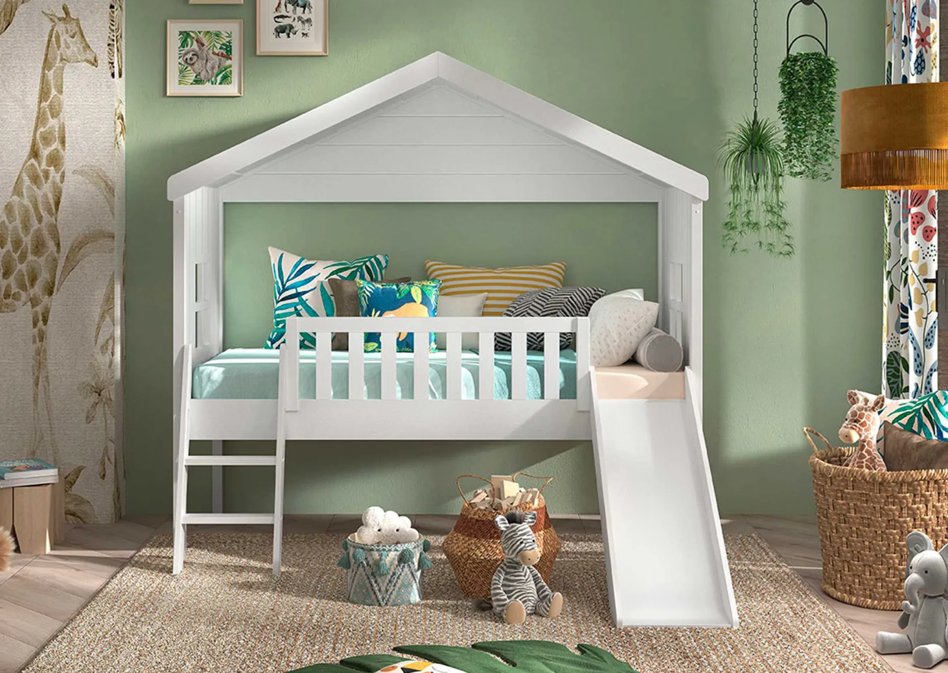 Hausbett Senna mit Leiter und Rutsche 90x200 cm - weiß