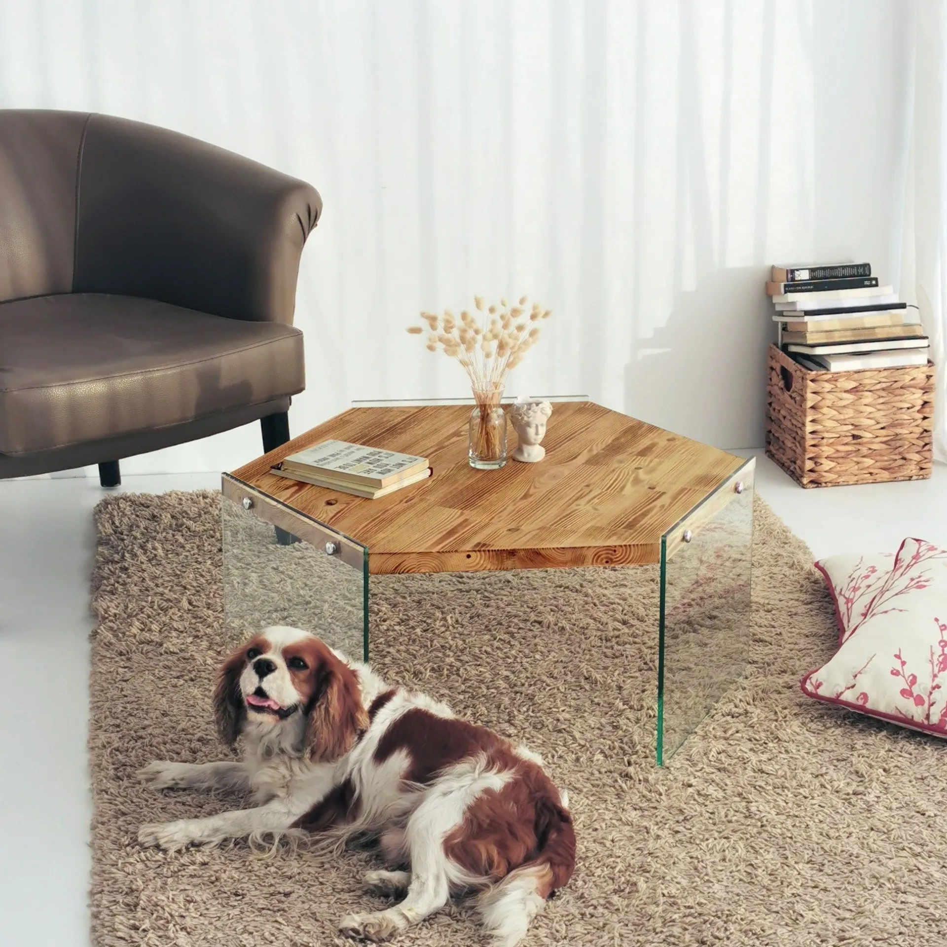 Emob Hexagon Couchtisch | GEHÄRTETES GLAS | Eiche