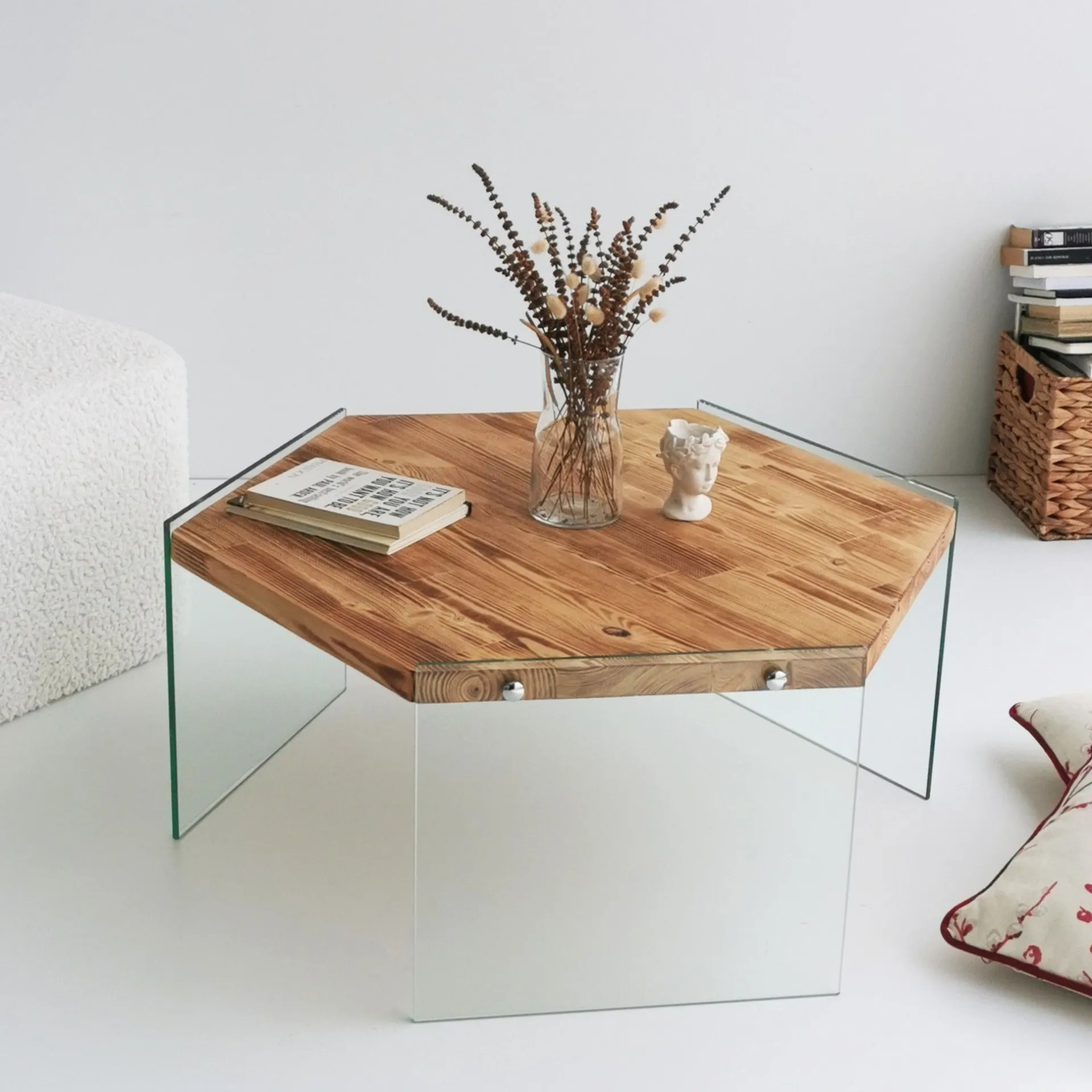 Emob Hexagon Couchtisch | GEHÄRTETES GLAS | Eiche
