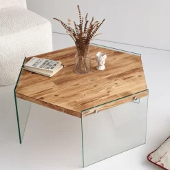 Emob Hexagon Couchtisch | GEHÄRTETES GLAS | Eiche