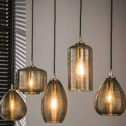 Emob Hängeleuchte Stripe - 126x20x150cm - fünf Lampen - Fumé-Glas