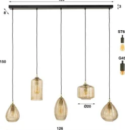 Emob Hängeleuchte Stripe - 126x20x150cm - fünf Lampen - Fumé-Glas